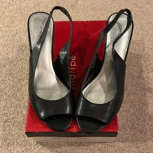 Maripe Black Leather Peep-Toe Heels; size 8; worn once for pics